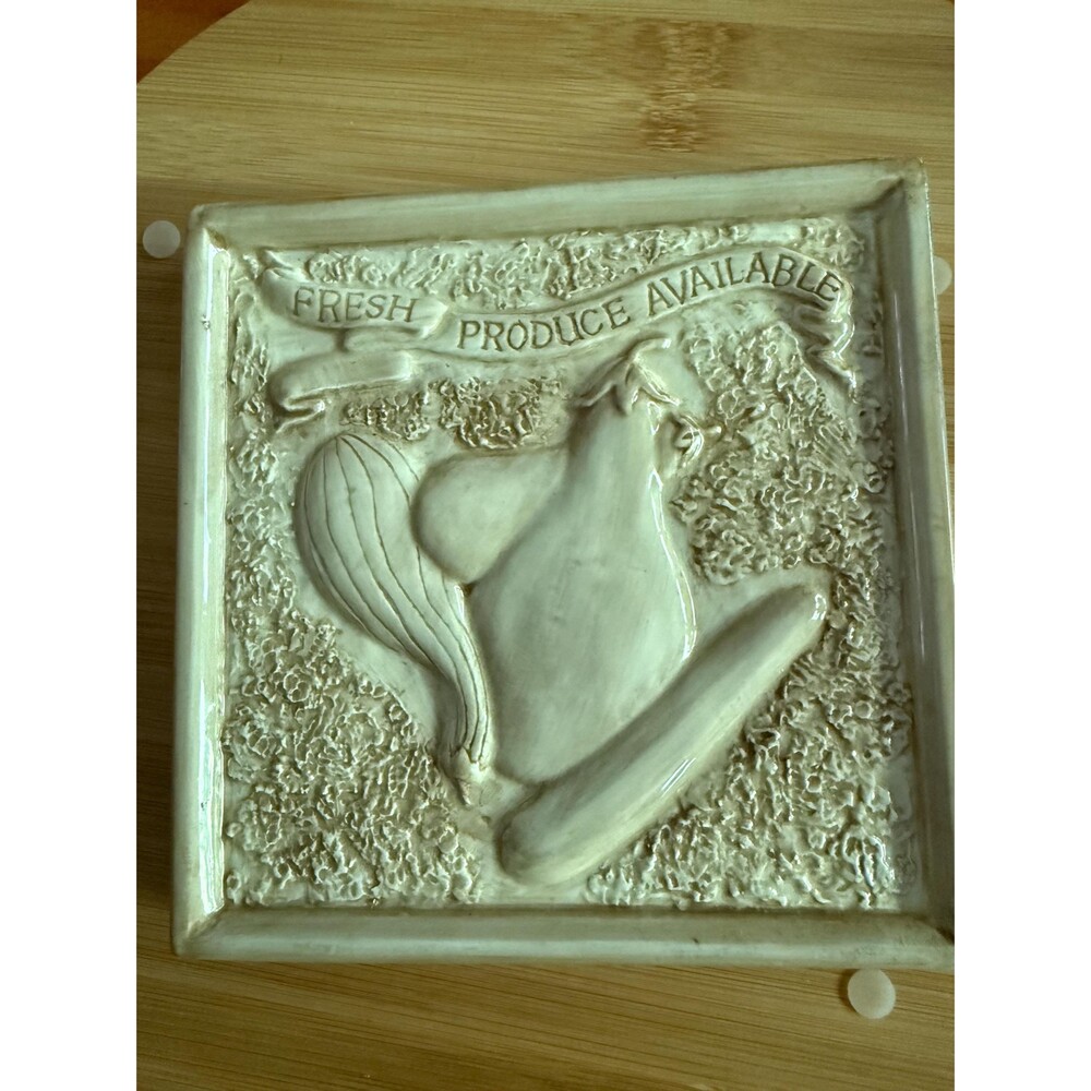 Porcelain art tile- a banner reading "FRESH PRODUCE AVAILABLE."